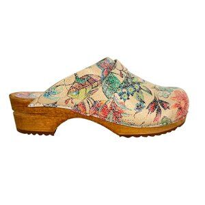 Sanita Vegu Vegan Wood Sole Clogs Floral Print Cream Multicolor Size 39 8